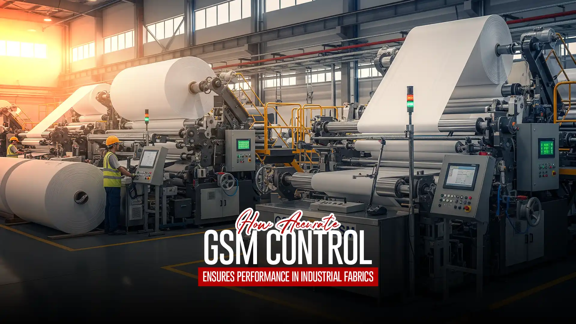 Industrial fabric manufacturing unit with GSM control machines operated by technicians, representing precision production by an HDPE Woven Fabric Manufacturer