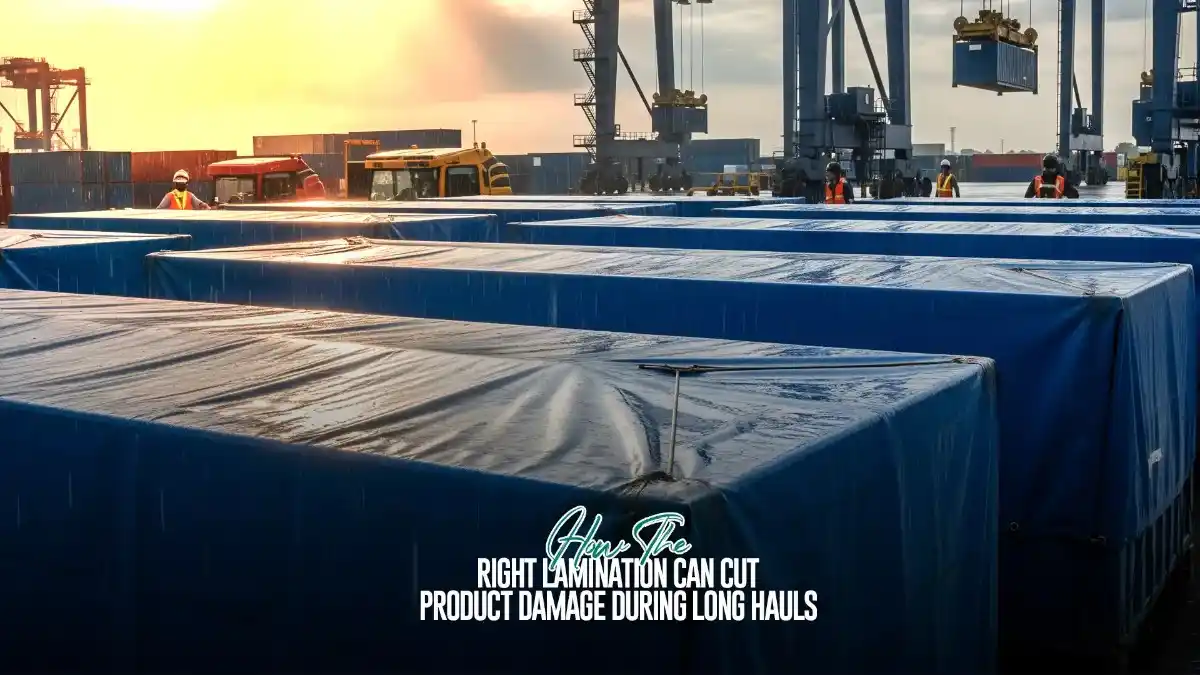 Industrial lamination sheets covering goods at a port by Ashoka Poly Laminators, a leading industrial lamination manufacturer in India.