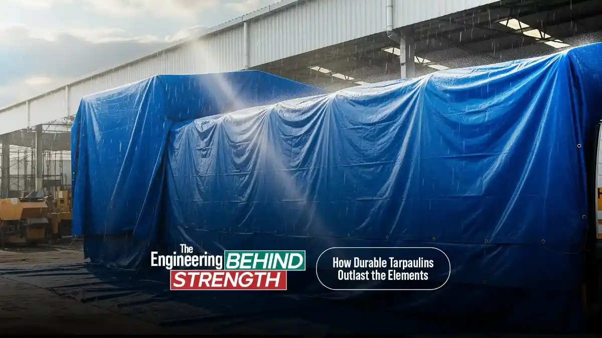Durable blue tarpaulin covering equipment in rain by a leading Heavy Duty Tarpaulin Manufacturer ensuring weather resistance