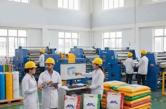 Engineers at a Trusted Tarpaulin & Packaging Manufacturer in India overseeing production at an advanced Industrial Packaging Company.