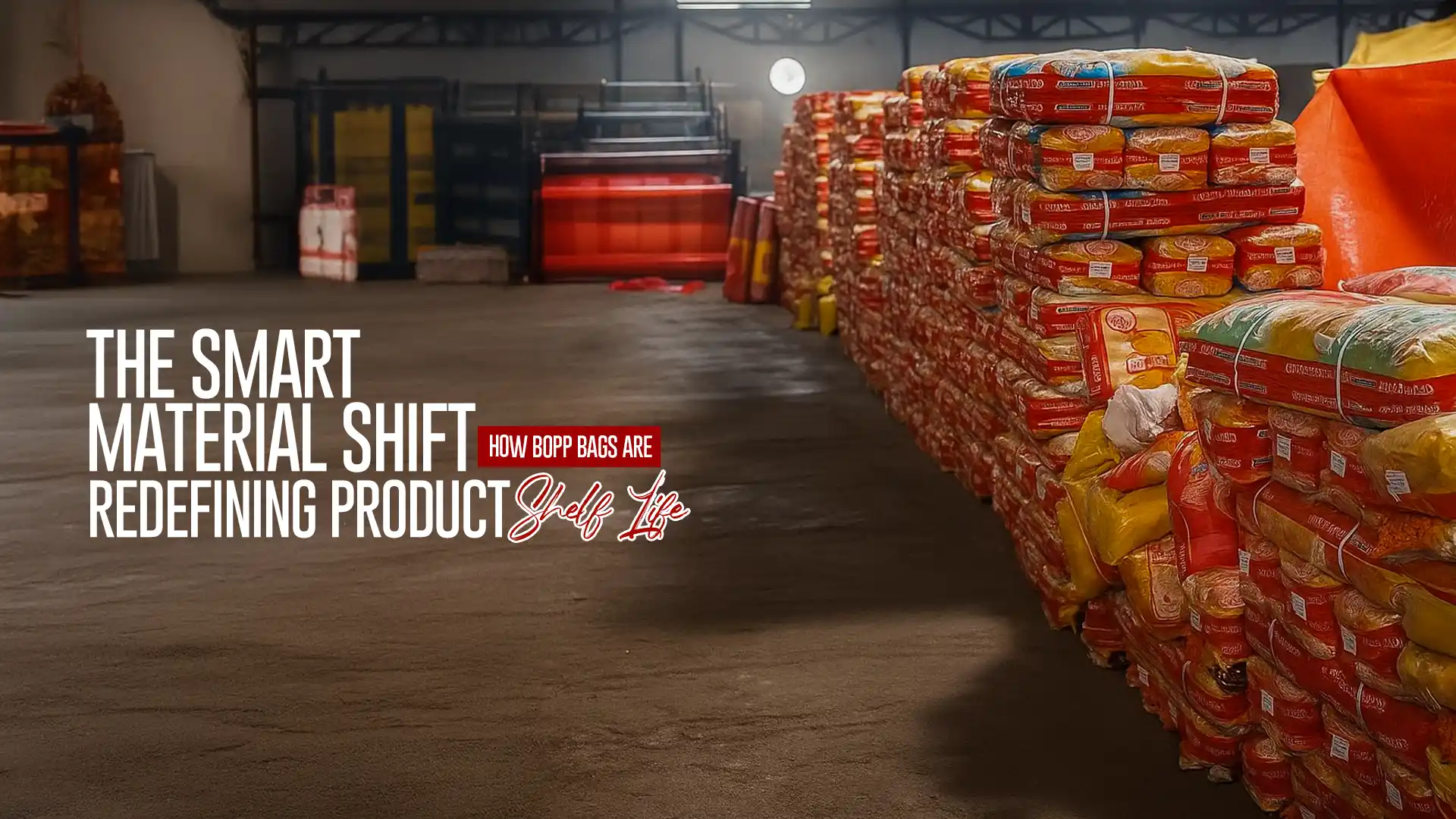 Multicolor BOPP Bag Manufacturer showcasing stacked BOPP packaging bags that enhance product shelf life in modern storage facilities.