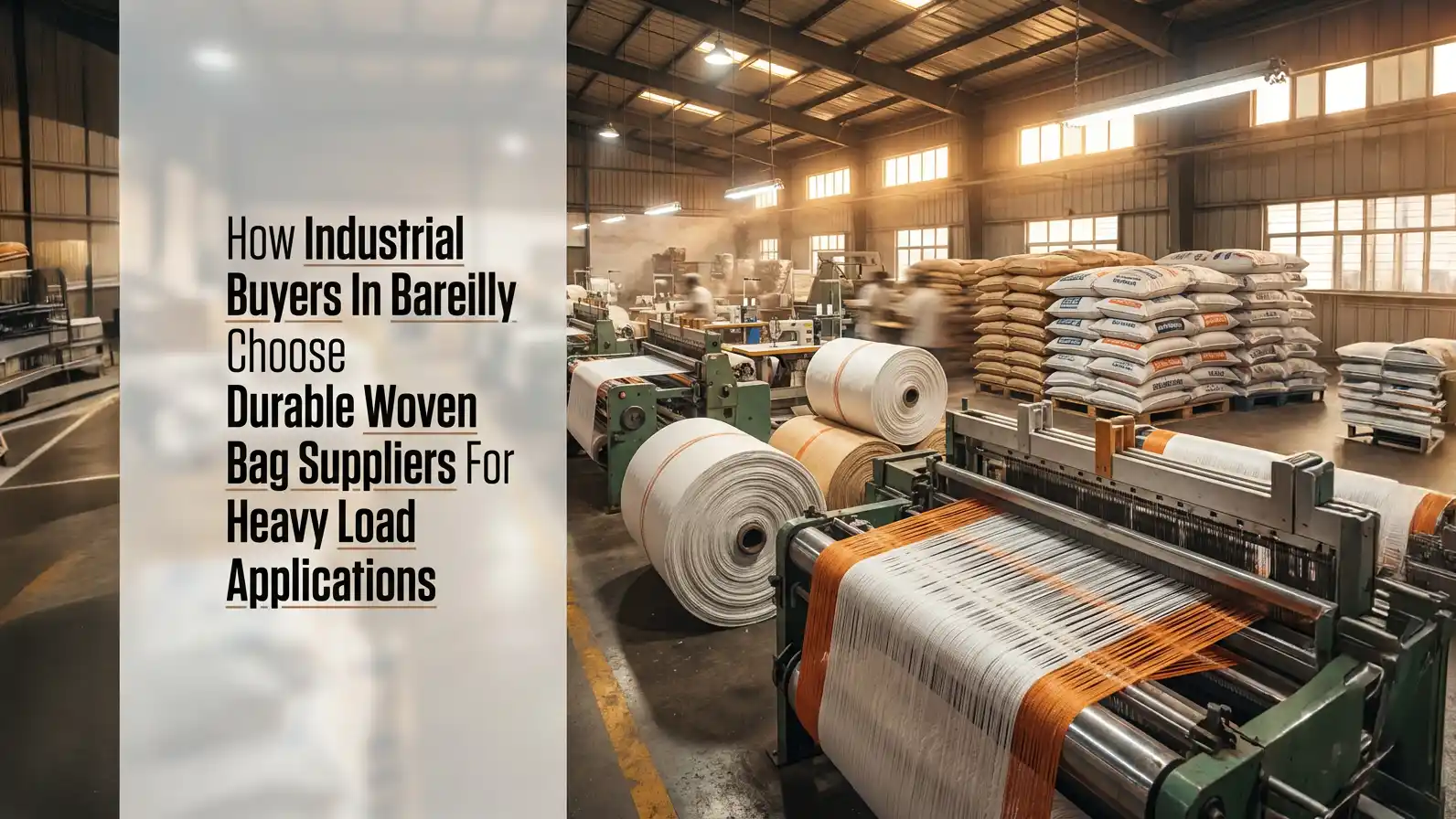 HDPE woven bag manufacturing unit in Bareilly showing large weaving machines, fabric rolls, and stacked industrial bags, representing the best HDPE woven bags manufacturer in Bareilly.