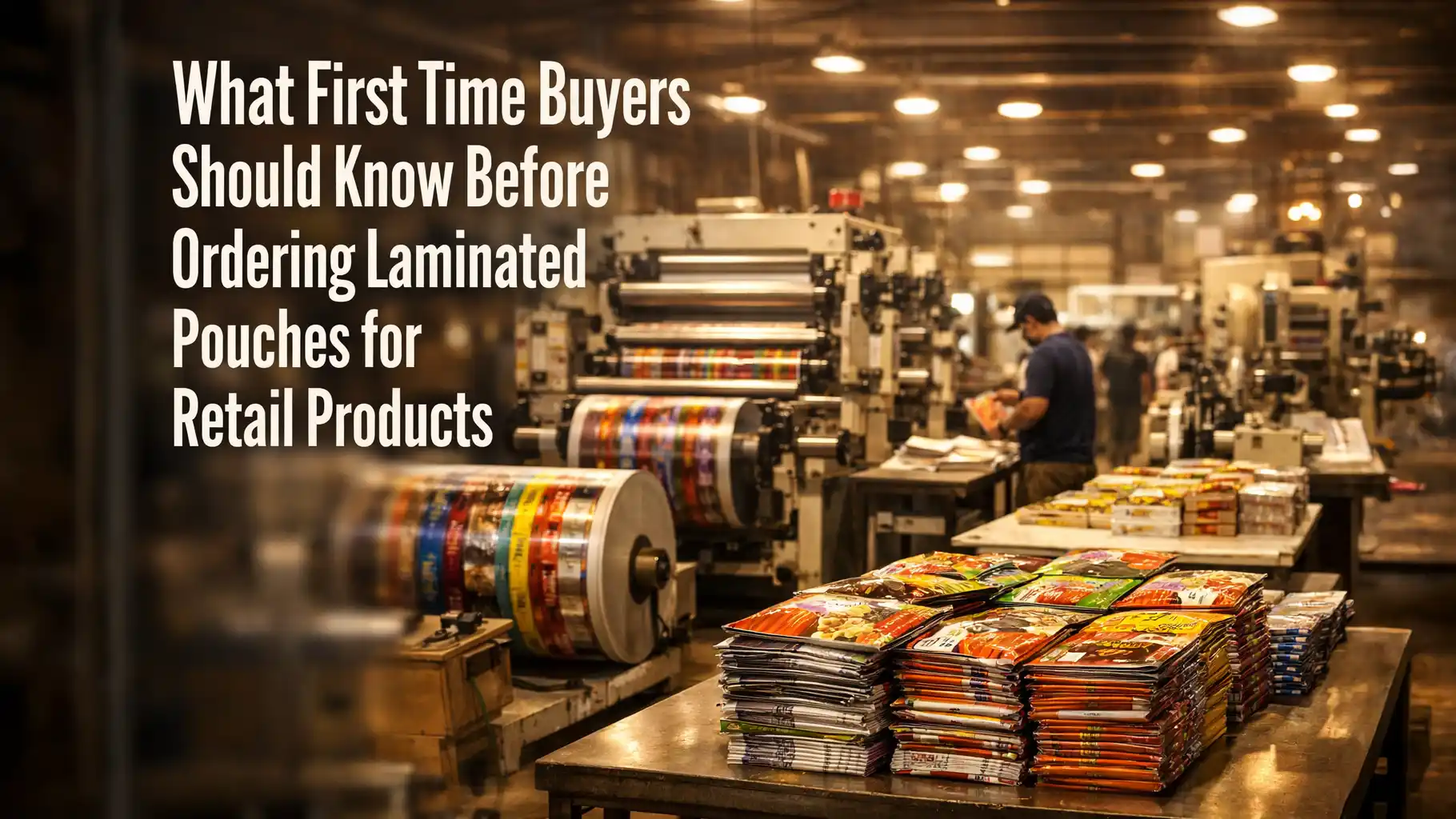 Laminated Pouch Buy Online for retail packaging, showcasing printed laminated pouches produced in a modern packaging manufacturing unit