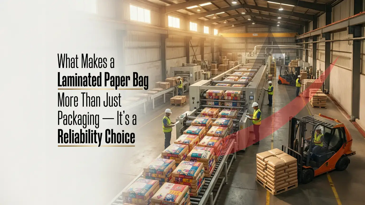 HDPE laminated paper bags on industrial packaging line in a manufacturing facility