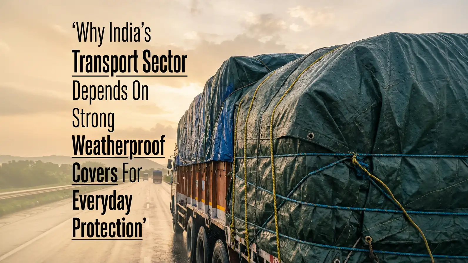 Truck loaded with goods covered using waterproof tarpaulin sheets on a rainy Indian highway for weatherproof protection