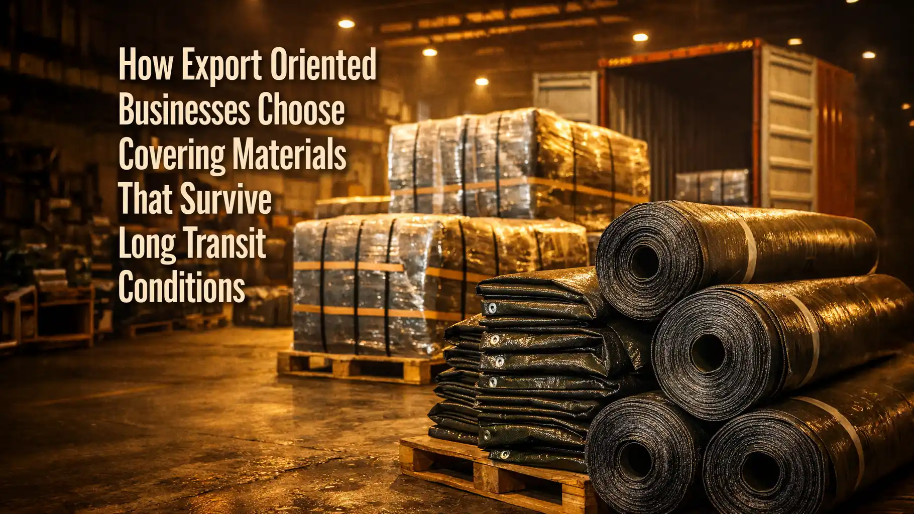 Export-ready tarpaulin rolls and packaged goods prepared for shipment, showcasing durability standards of an export quality tarpaulin manufacturer