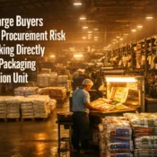 Industrial packaging bags factory floor showing large-scale production, quality checks, and bulk packaging operations