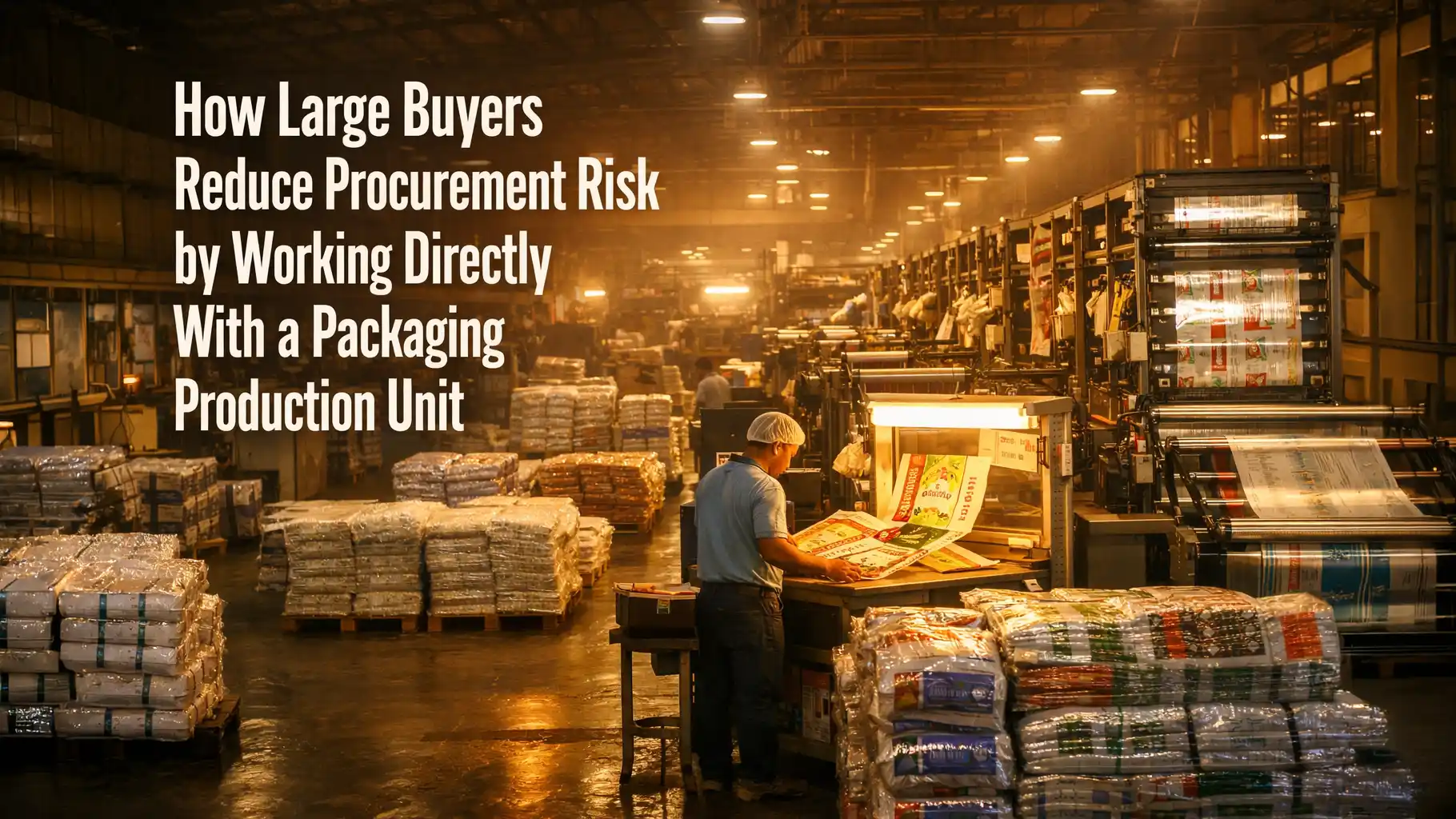 Industrial packaging bags factory floor showing large-scale production, quality checks, and bulk packaging operations