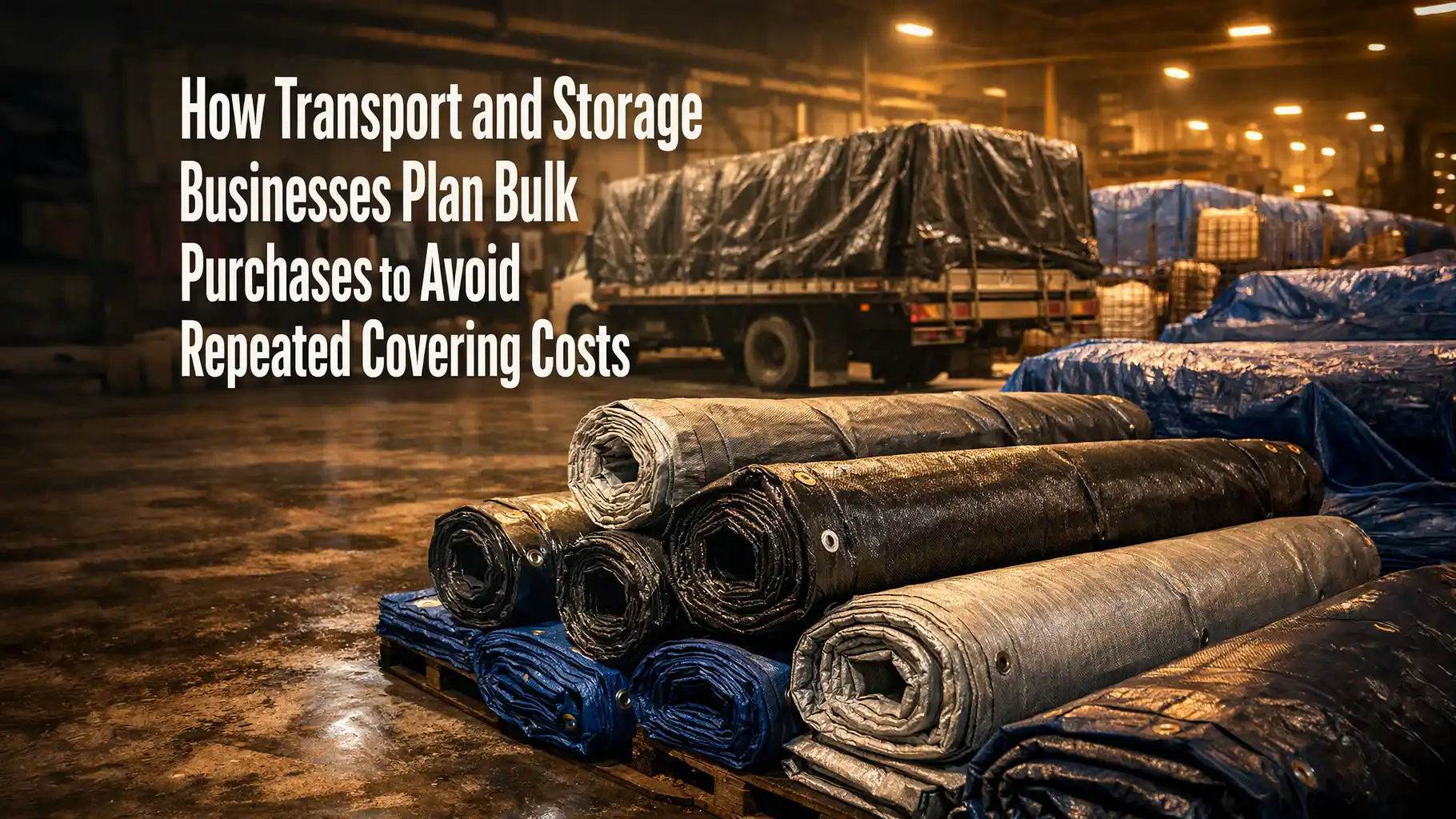Tarpaulin bulk order stacked in a warehouse for transport and storage use, showing heavy-duty covers planned to reduce repeated covering costs
