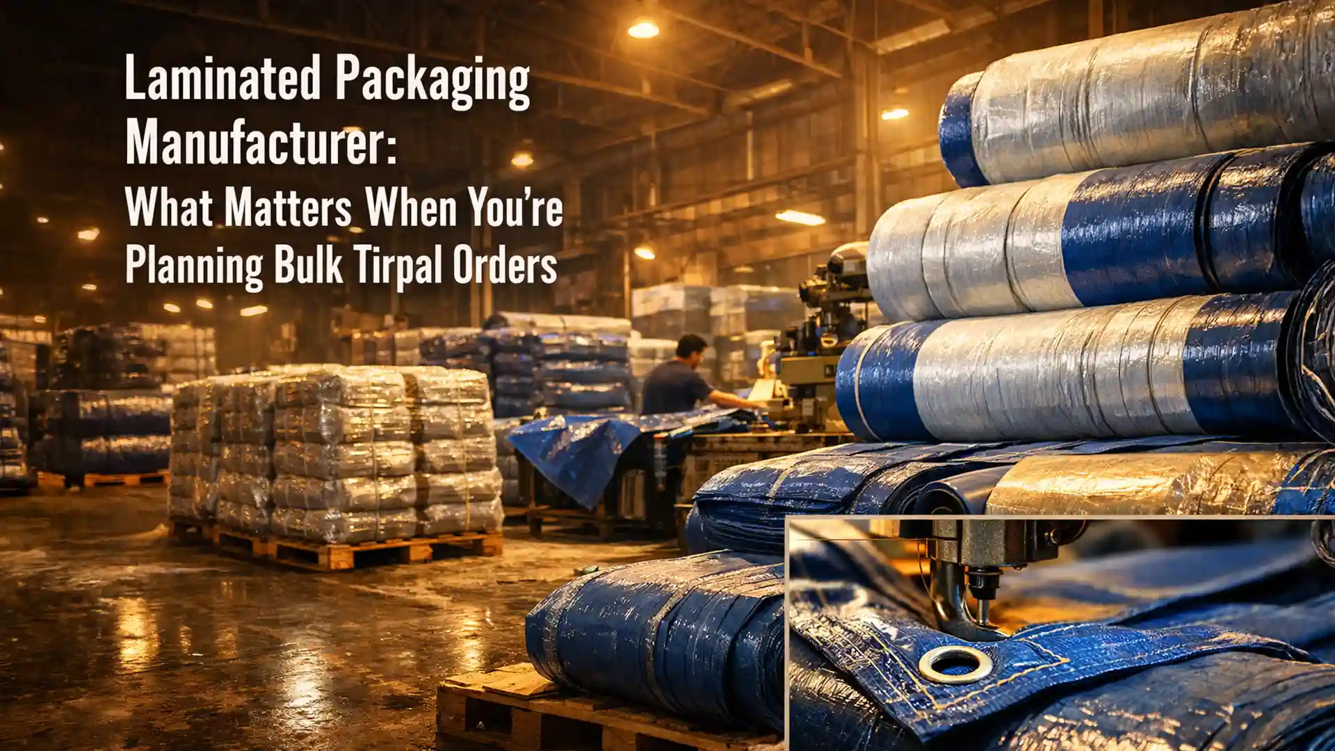 Laminated packaging manufacturer producing heavy-duty tirpal sheets for large-scale bulk orders in an industrial factory