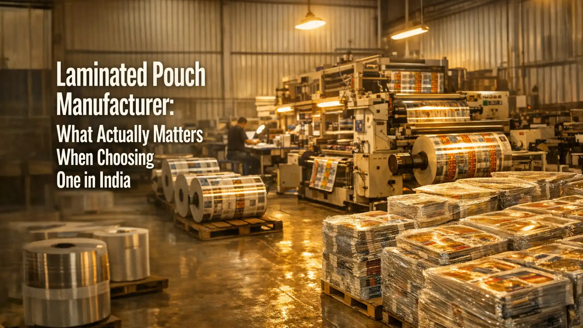 High-capacity packaging facility producing printed laminated pouches, showcasing a professional laminated pouch manufacturer