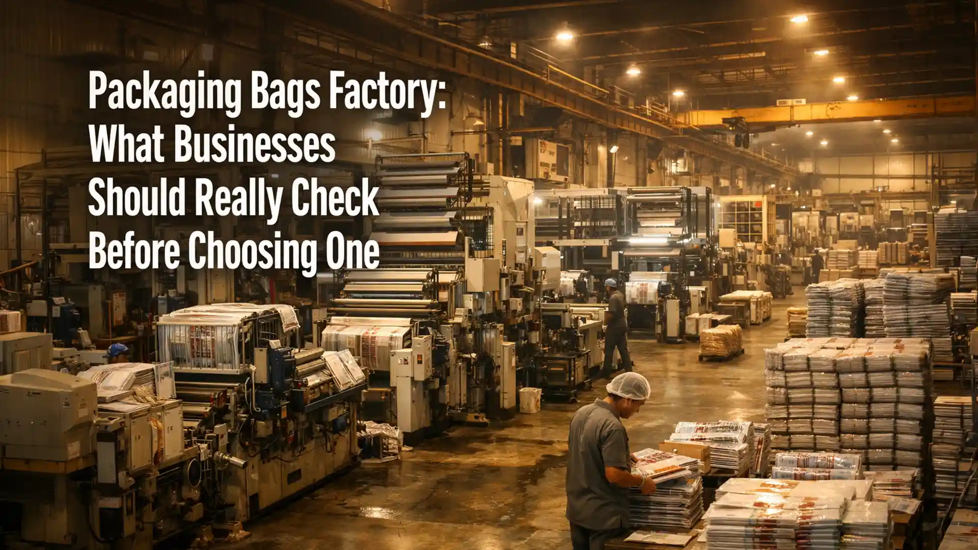 Large-scale packaging bags factory with automated machines producing high-volume packaging solutions for businesses