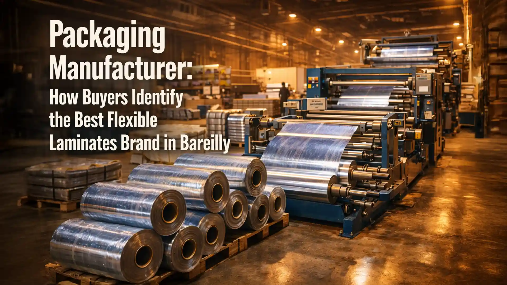 Packaging manufacturer facility with flexible laminate rolls and industrial machines used for large-scale packaging production