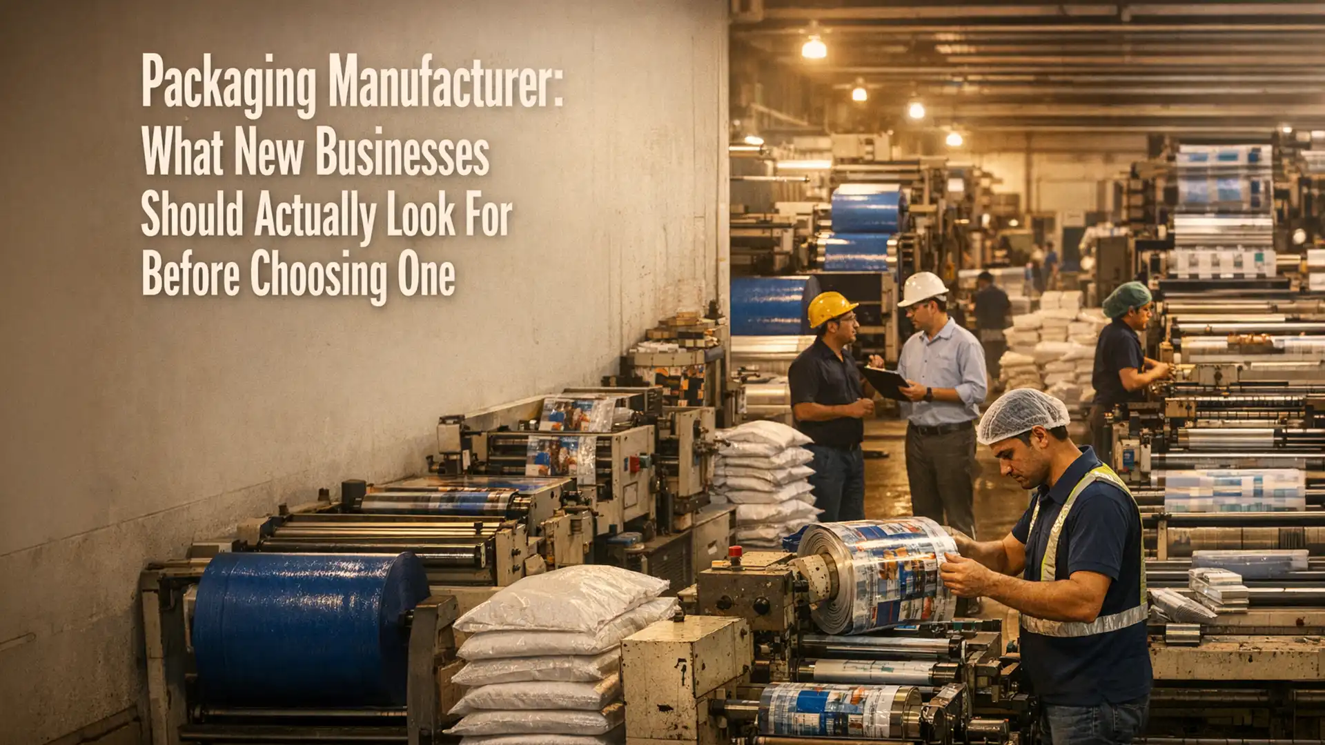 Industrial packaging facility with large-scale production lines, representing a reliable packaging manufacturer for new businesses