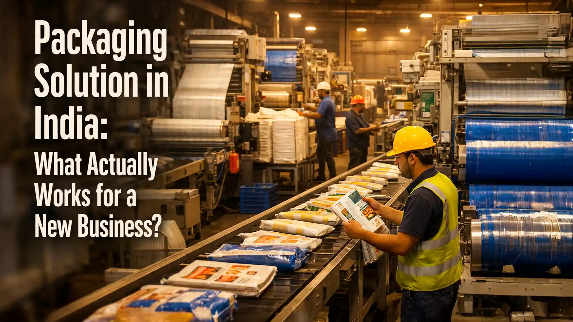 packaging solution in India showing large-scale packaging factory with automated machines and quality inspection