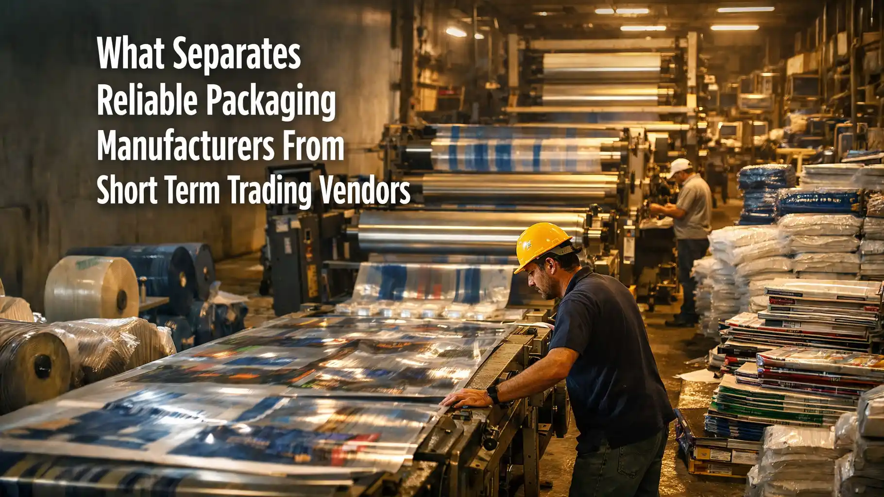 Industrial production facility showing large-scale printing and processing by a professional packaging manufacturer