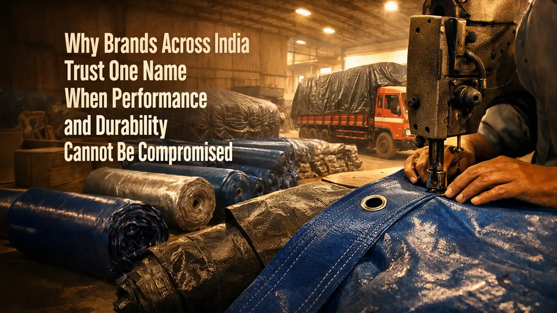 Industrial tarpaulin manufacturing and stitching process showcasing the quality standards of the best tarpaulin brand in India
