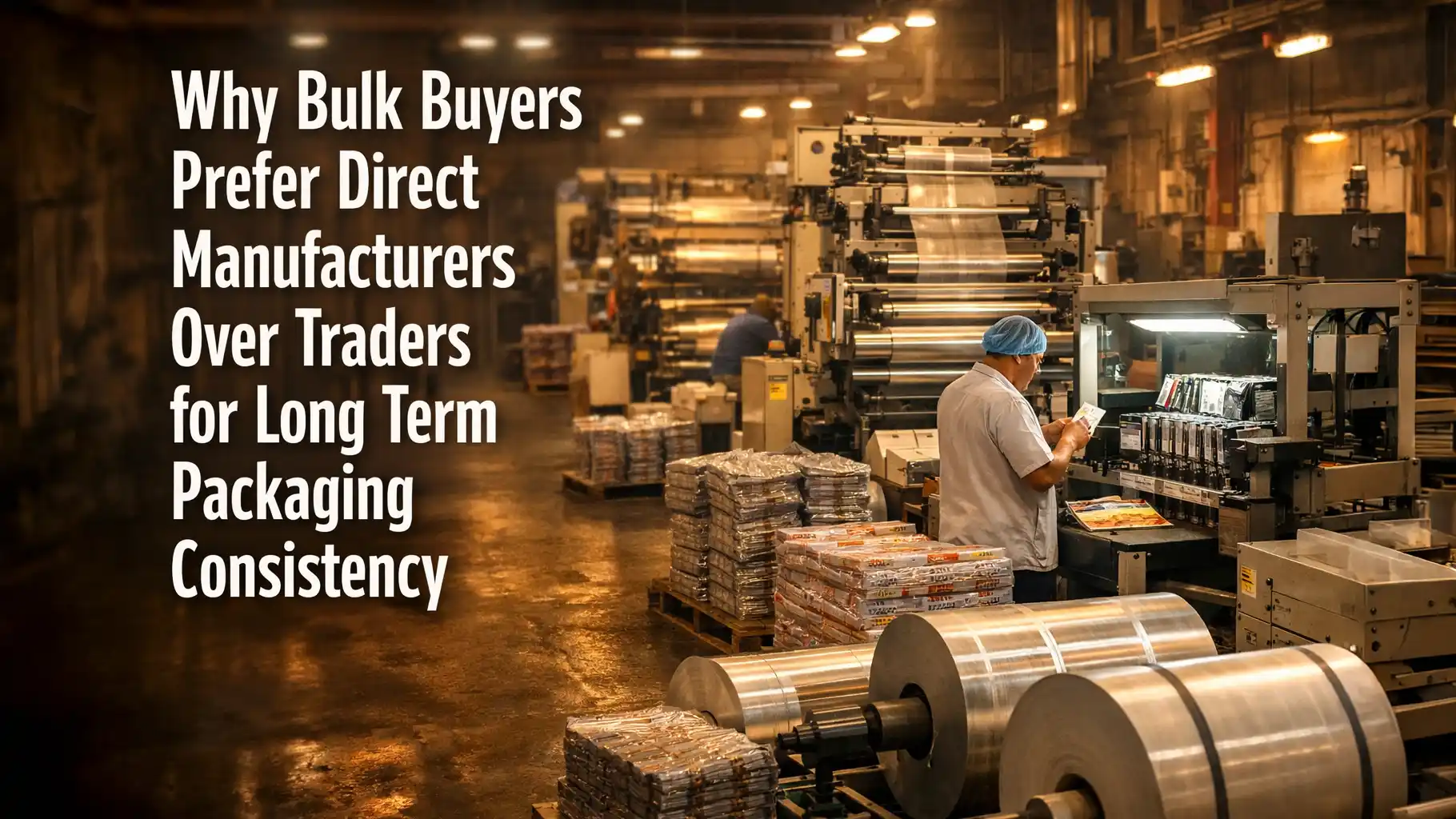 Laminated pouch manufacturer operating a large-scale packaging facility, ensuring consistent quality, bulk production efficiency, and direct manufacturing for brands