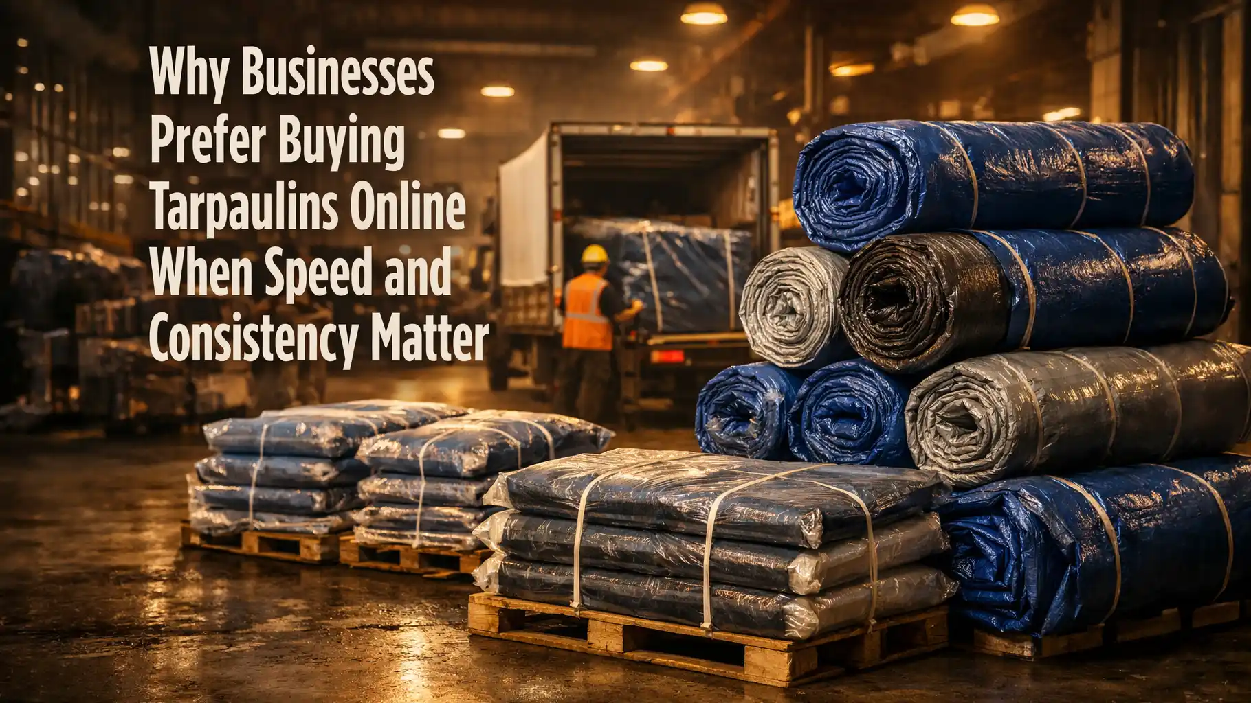 Tarpaulin Buy Online showing bulk tarpaulin rolls packed on pallets in a warehouse, ready for fast dispatch and consistent quality supply