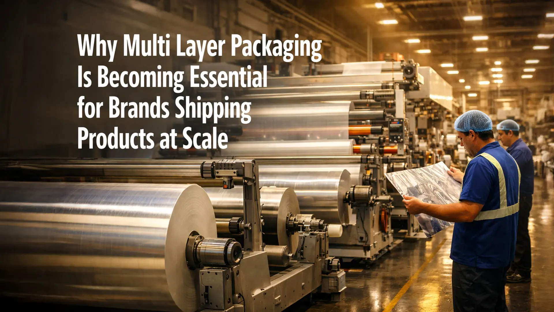 Industrial facility producing multi-layer laminated films, highlighting the capabilities of a poly laminated packaging manufacturer