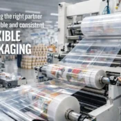 Industrial setup of a laminated pouch manufacturer producing flexible packaging rolls on high-speed printing and lamination machine