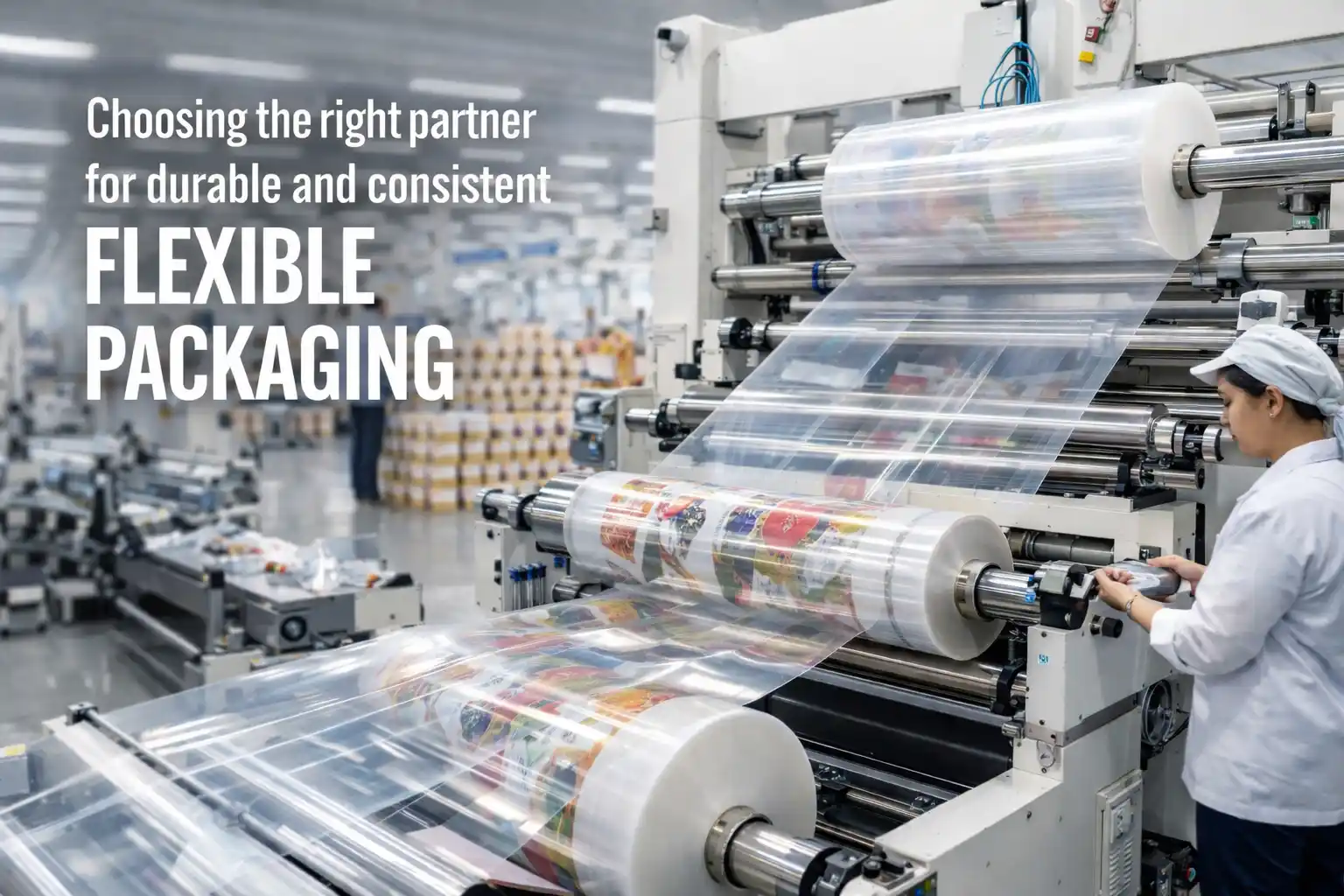 Industrial setup of a laminated pouch manufacturer producing flexible packaging rolls on high-speed printing and lamination machine