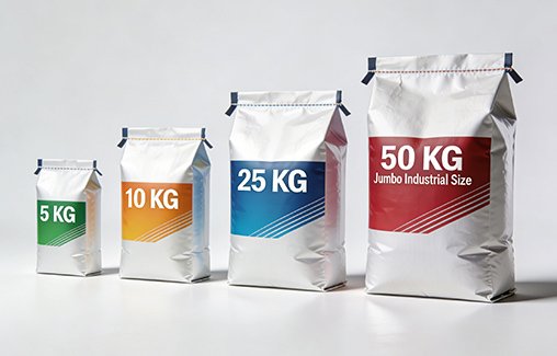 BOPP Bags Manufacturer in India Offering Custom Sizes for Industrial Packaging Different capacity BOPP bags in 5 kg, 10 kg, 25 kg, and 50 kg sizes from a leading BOPP Bags Manufacturer in India