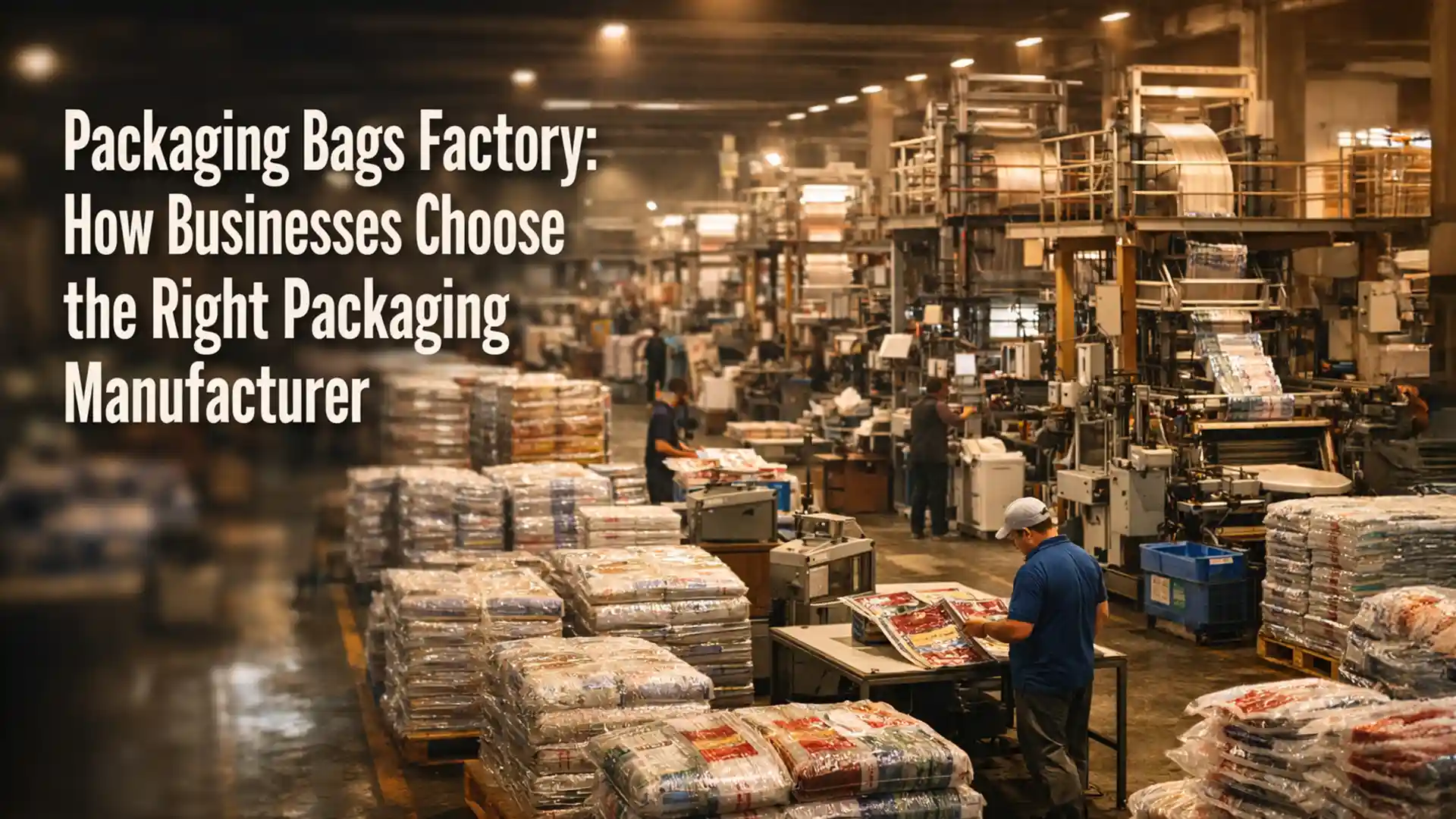 packaging bags factory with large-scale machinery producing printed packaging bags for commercial use