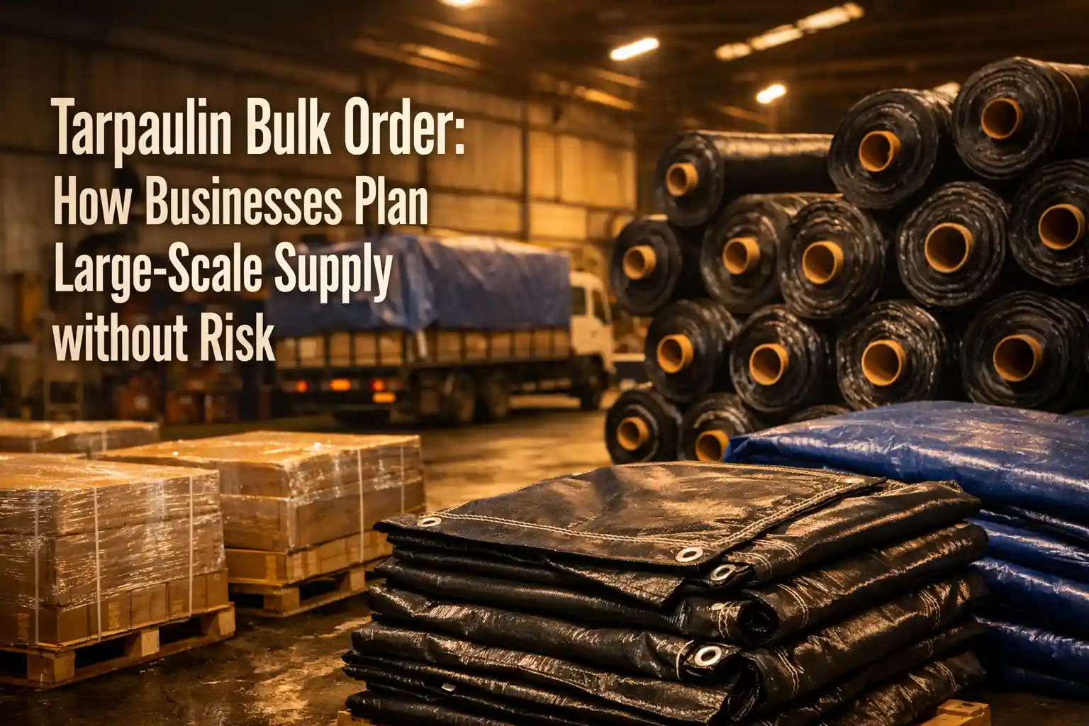 Tarpaulin bulk order planning with stacked tarpaulin rolls and pallets in a warehouse for large-scale supply