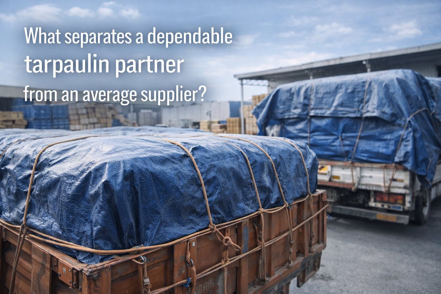 Heavy-duty blue tarpaulin sheets covering industrial cargo trucks supplied by the Best Tarpaulin Supplier in India