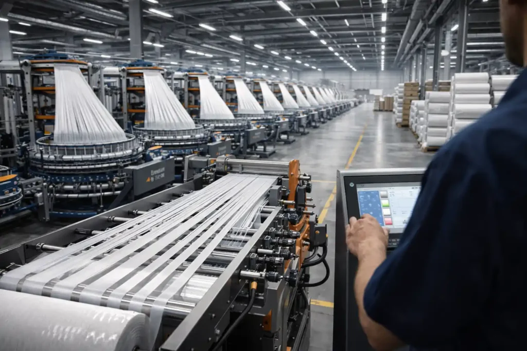 packaging bags factory using advanced automated machines to produce high-quality woven packaging materials for industrial use