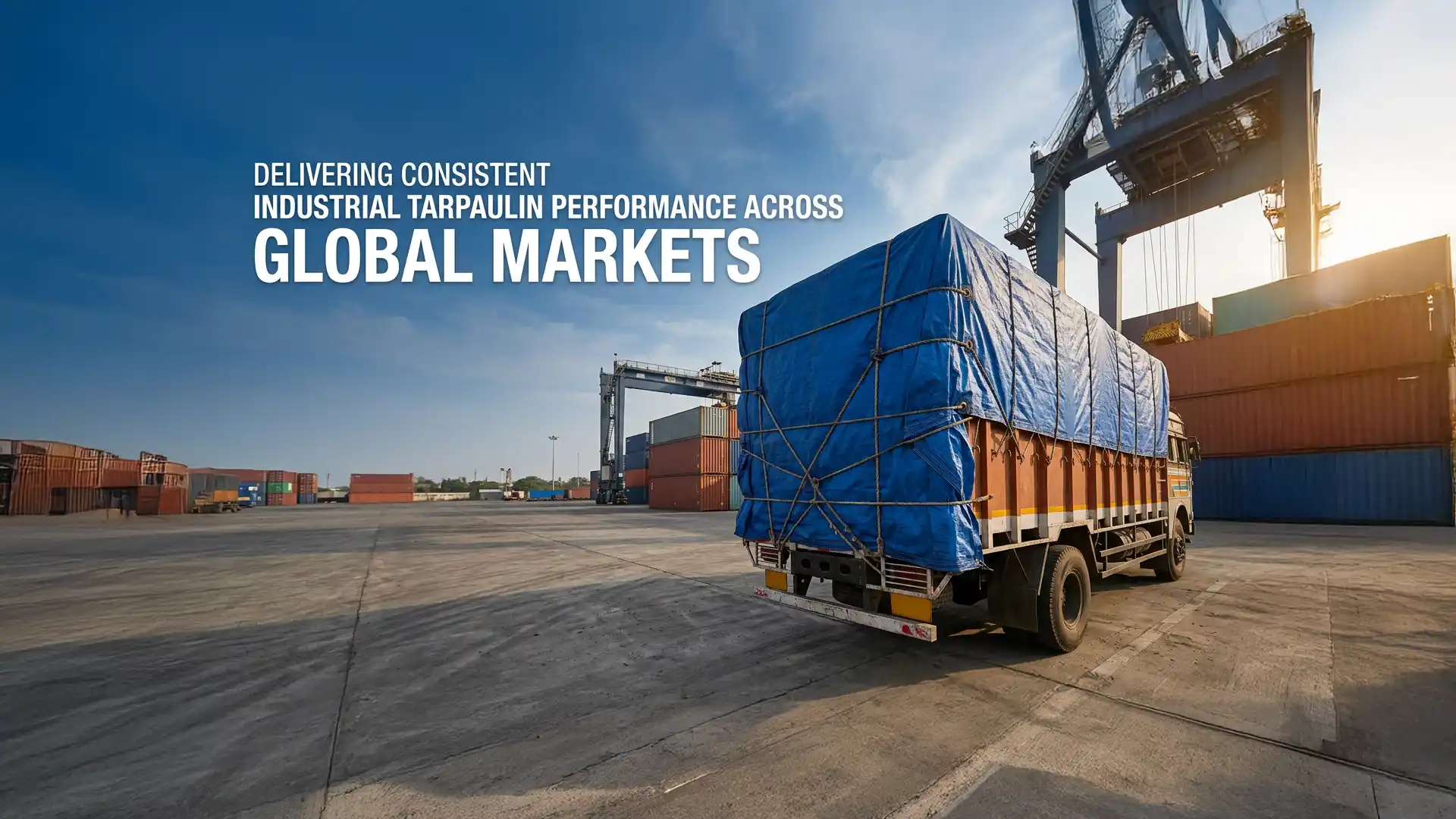 Truck covered with heavy-duty tarpaulin at a shipping port representing an Export Quality Tarpaulin Manufacturer