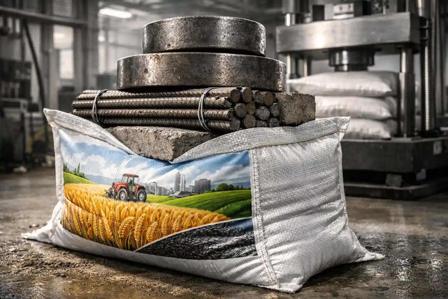 packaging bags factory producing strong woven bags designed to carry heavy construction materials and bulk industrial products