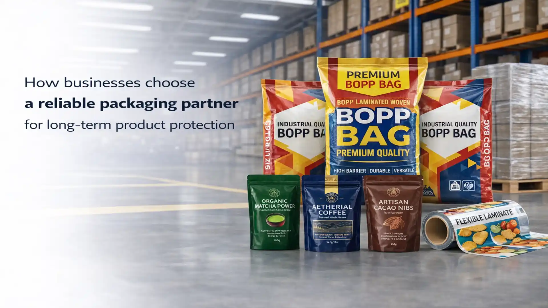 Various flexible packaging solutions including BOPP bags, laminated rolls, and stand-up pouches displayed in a warehouse, showcasing the Best Packaging Solution Brand in India