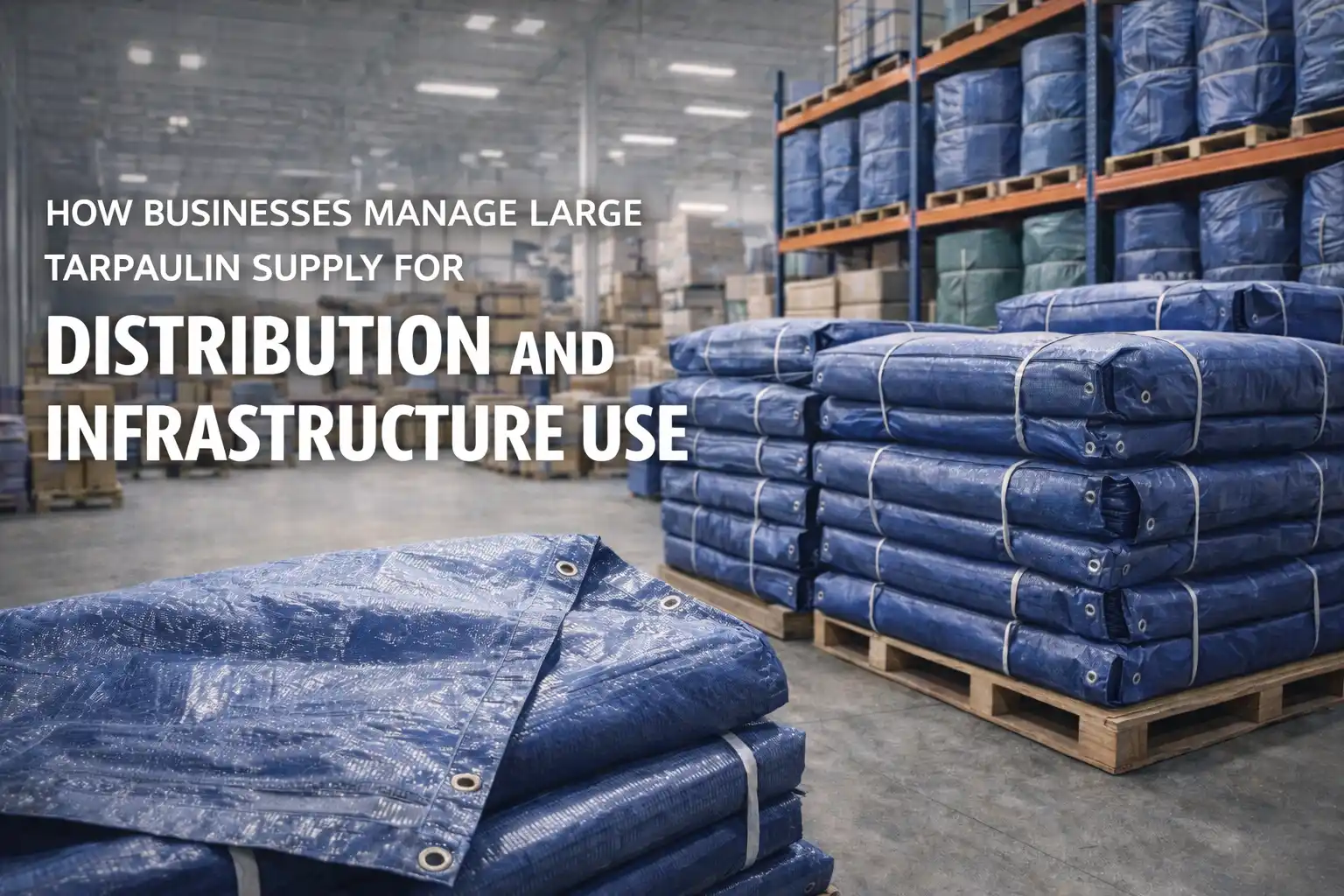 tarpaulin bulk order stacked in warehouse for large scale distribution and infrastructure supply