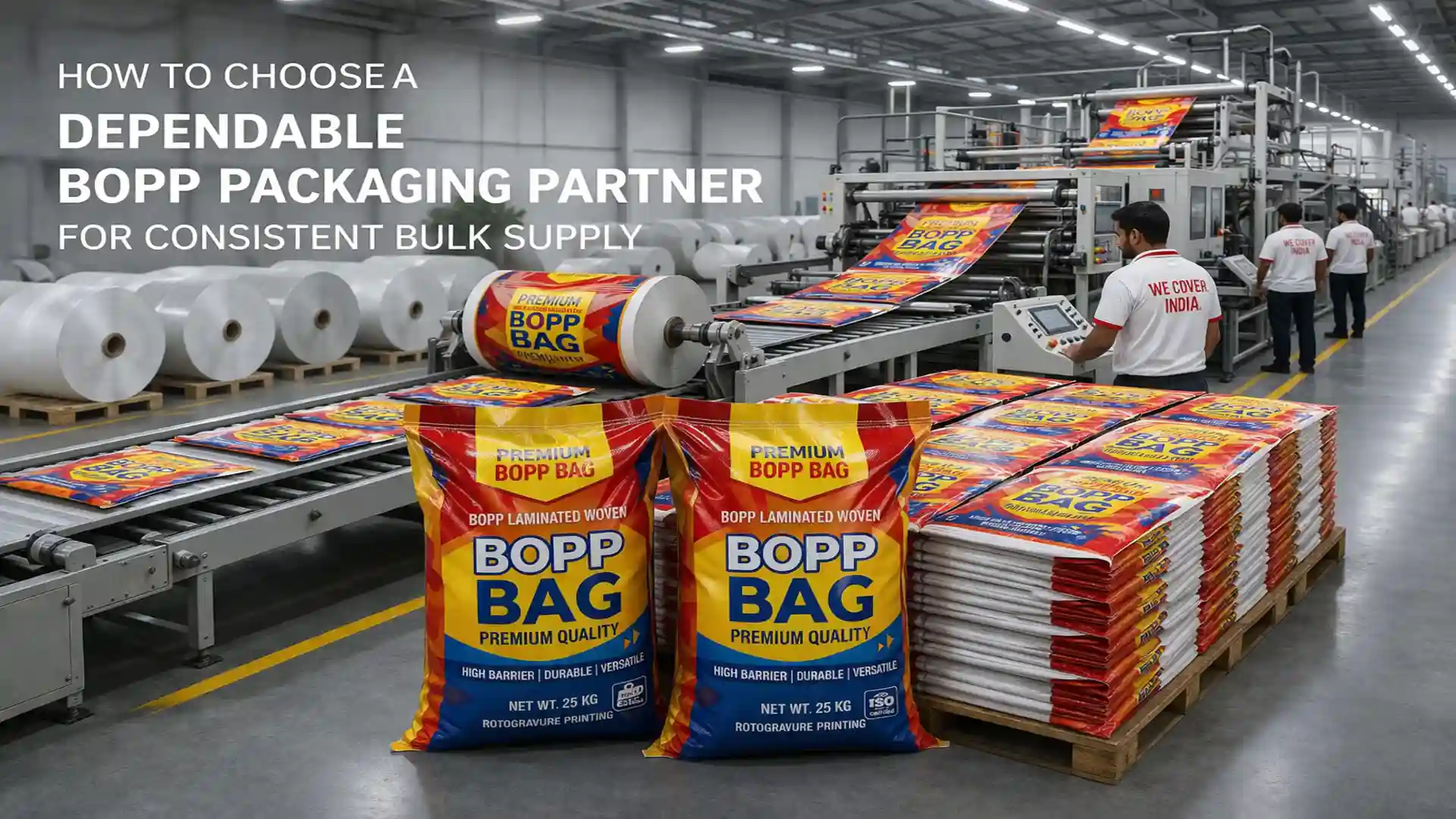 Manufacturing line producing laminated BOPP packaging bags with printed designs, stacked finished bags, and workers inspecting quality at a modern factory – Best BOPP Bags Supplier in India