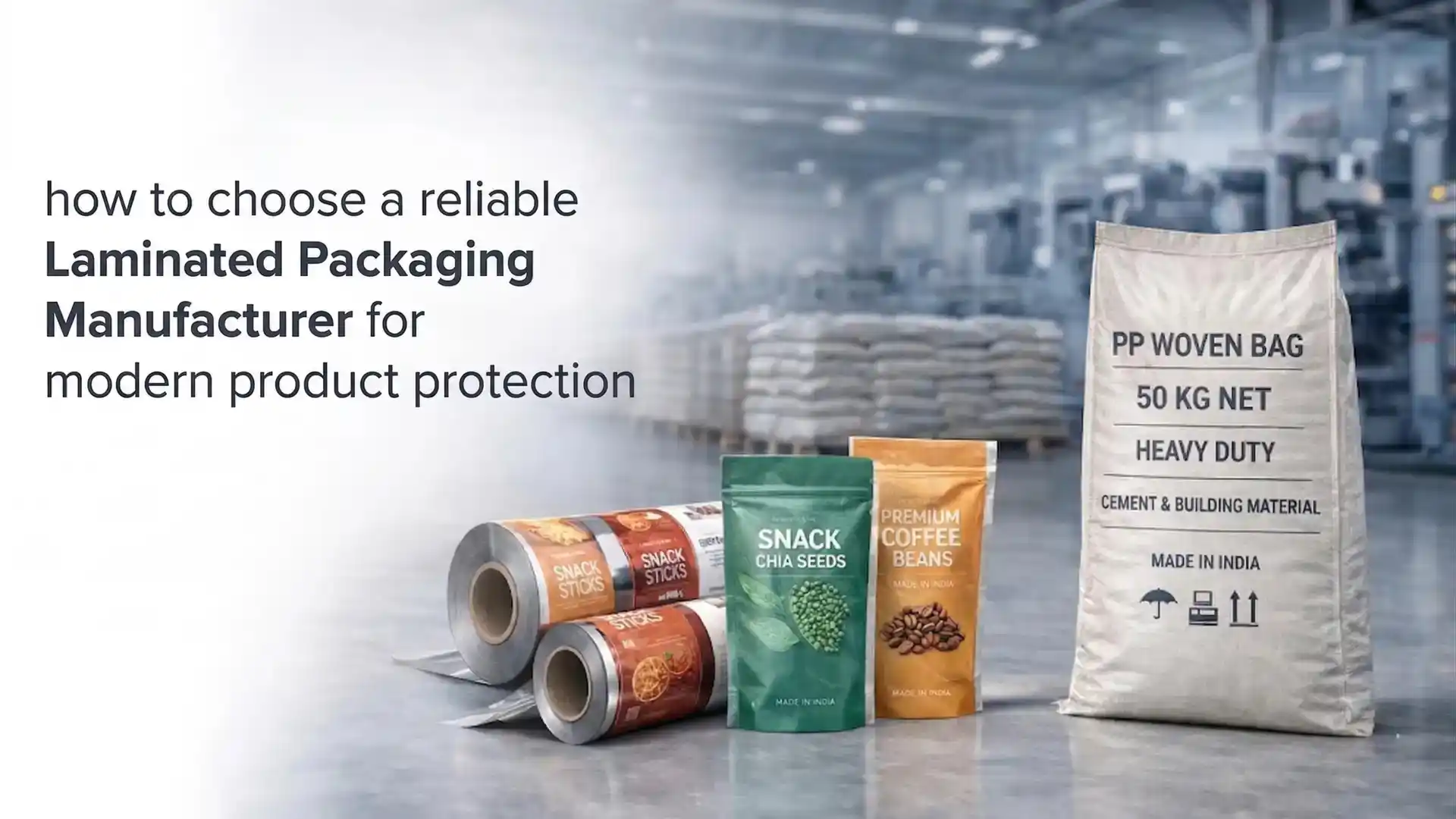 Printed laminated packaging rolls, stand-up food pouches, and heavy-duty PP woven bag displayed inside a manufacturing facility – Laminated Packaging Manufacturer in India