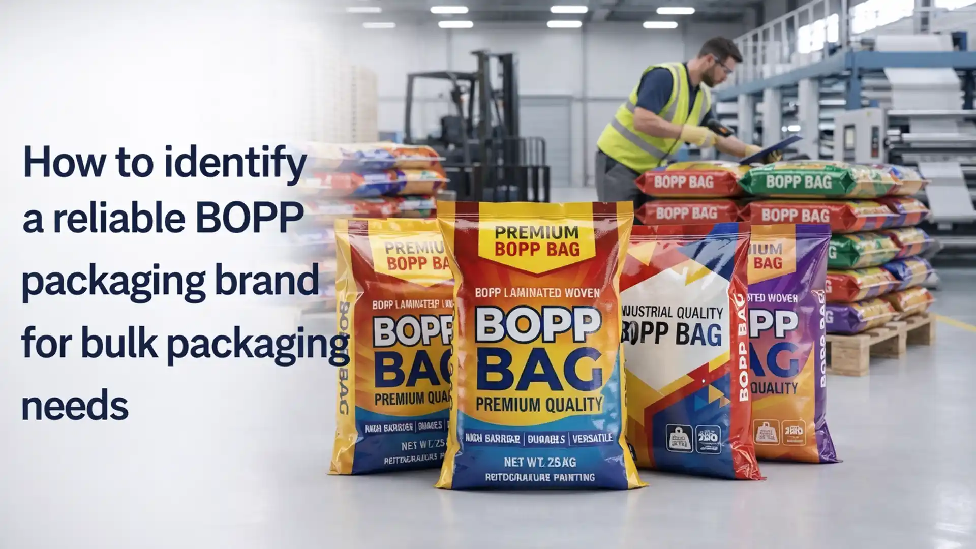Different types of printed BOPP laminated woven bags displayed in a packaging facility with a worker inspecting stacked bags, showing the Best BOPP Bags Brand in India