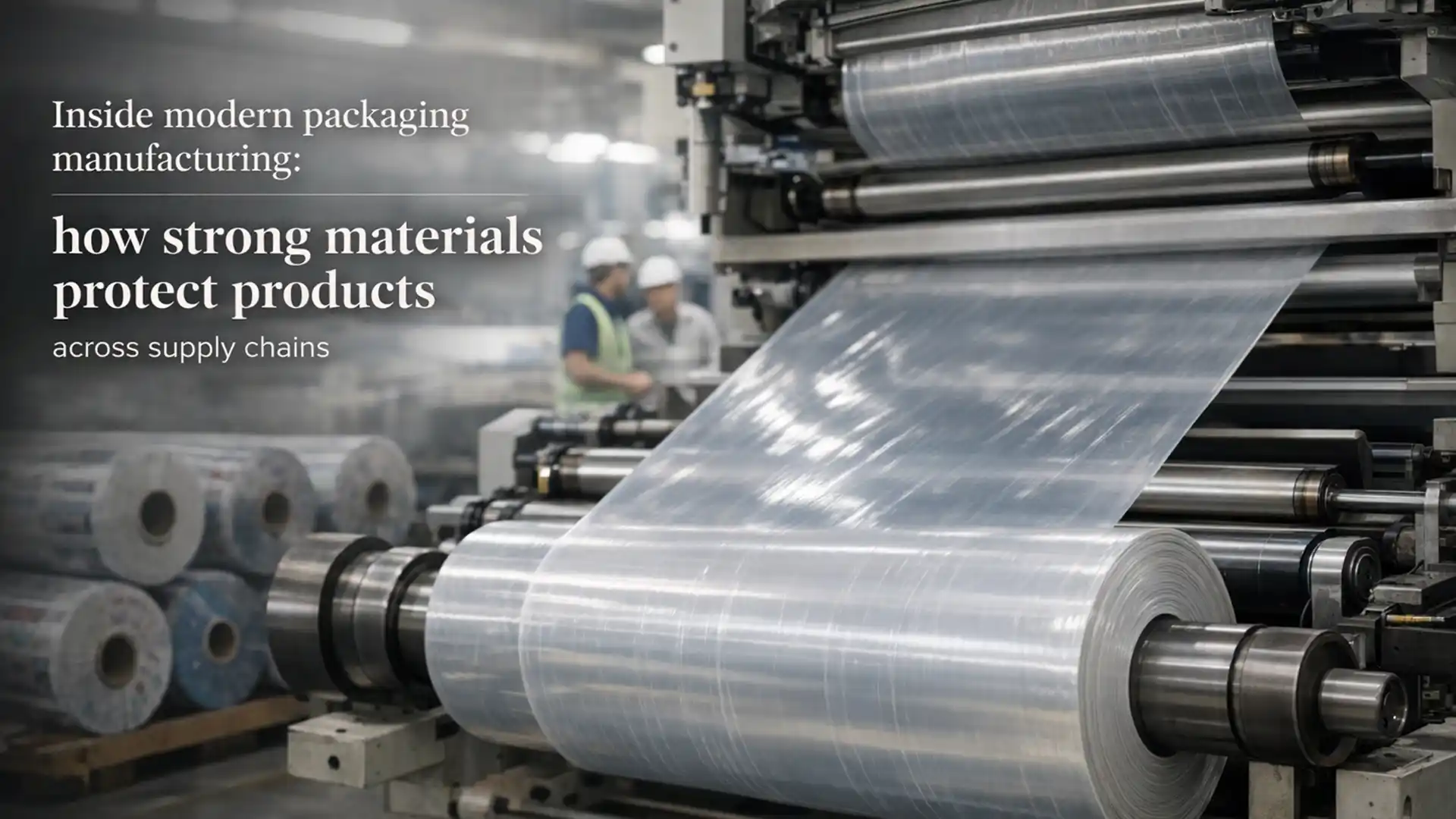 Modern packaging manufacturing machine producing plastic film rolls in an industrial facility with workers monitoring production, showing the Best Packaging Manufacturer in India