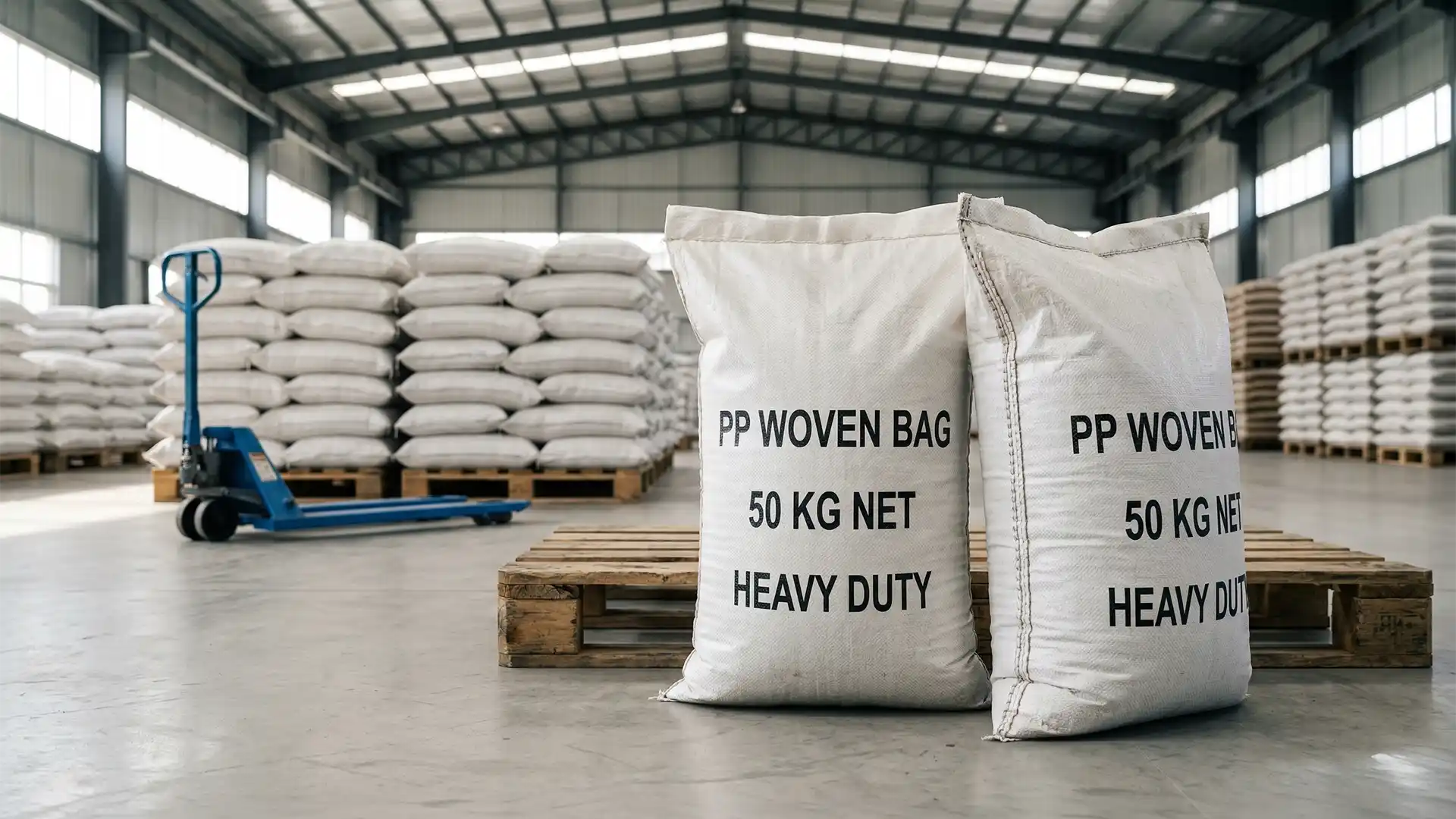 two heavy duty pp woven bags placed on pallet in warehouse by best packaging solution brand in India