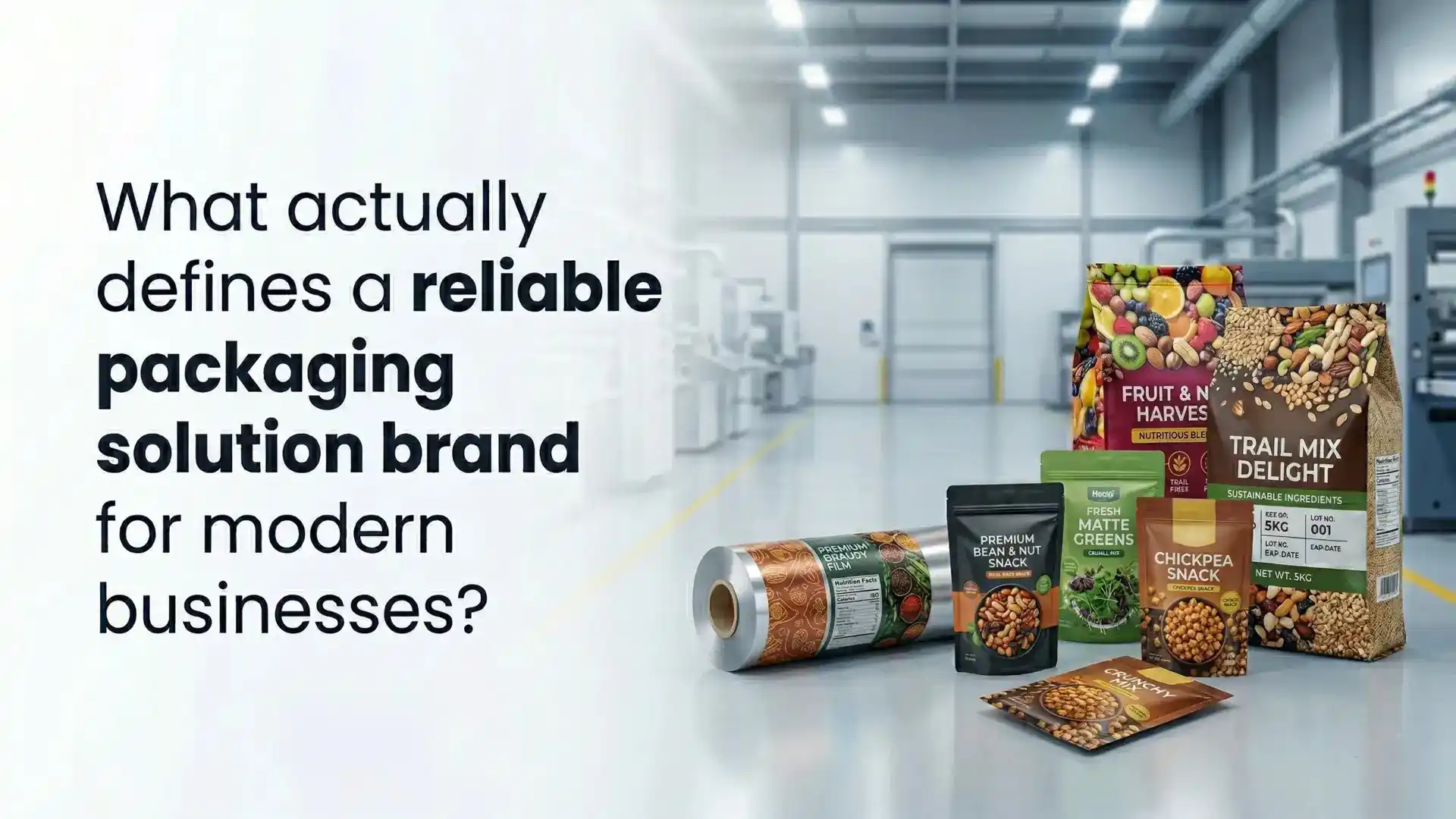 Flexible food packaging pouches, printed laminated rolls, and stand-up snack packets displayed in a modern manufacturing facility – Best Packaging Solution Brand in India