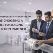 Experts reviewing packaging material from a laminated pouch manufacturer in a modern flexible packaging production facility