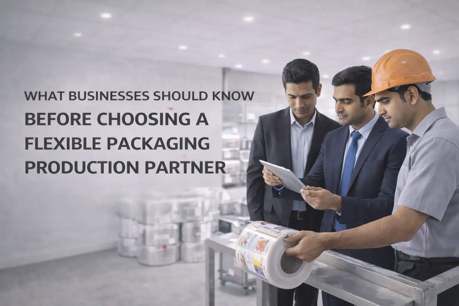 Experts reviewing packaging material from a laminated pouch manufacturer in a modern flexible packaging production facility