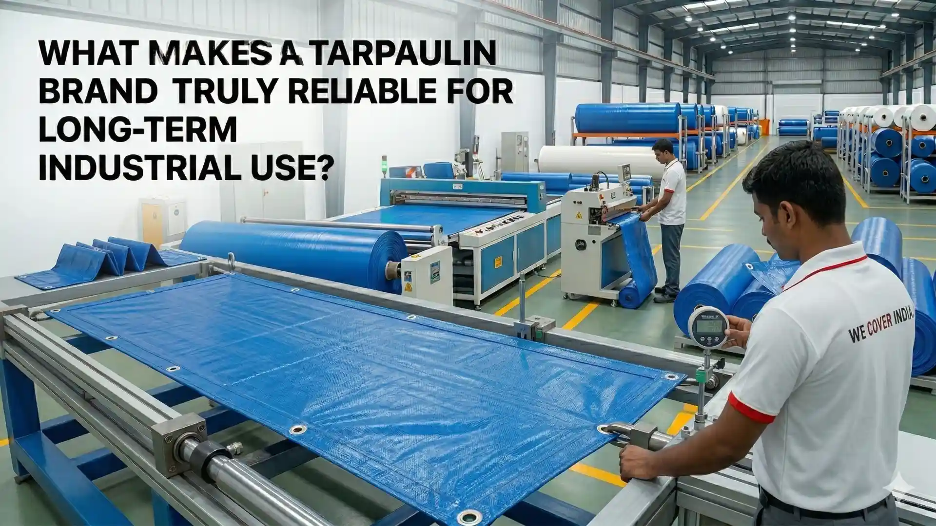 Workers inspecting blue HDPE tarpaulin sheets on automated manufacturing machines inside a factory – Best Tarpaulin Brand in India