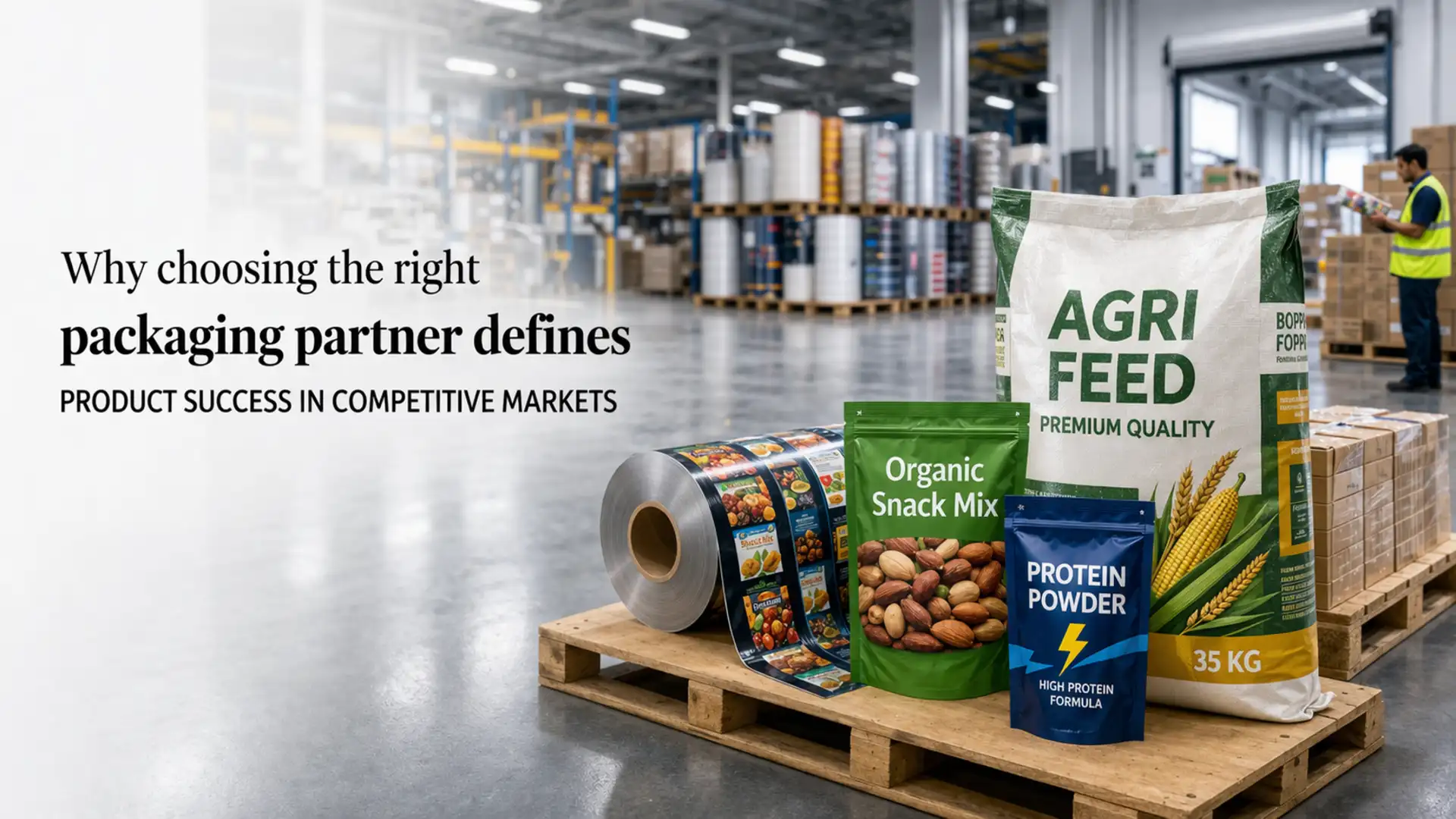 Various flexible packaging products including BOPP bags, printed packaging rolls, protein powder and snack pouches displayed in a warehouse – Best Packaging Manufacturer in India