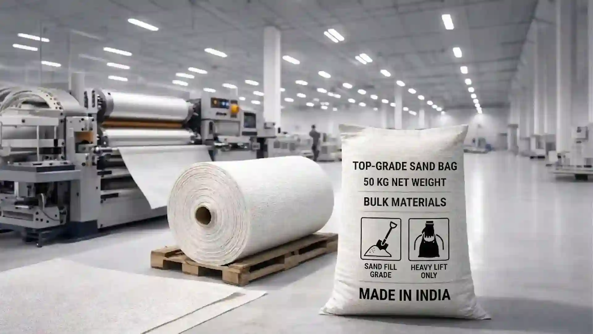 pp woven sand bag in manufacturing unit with fabric roll and machines by best packaging solution brand in India