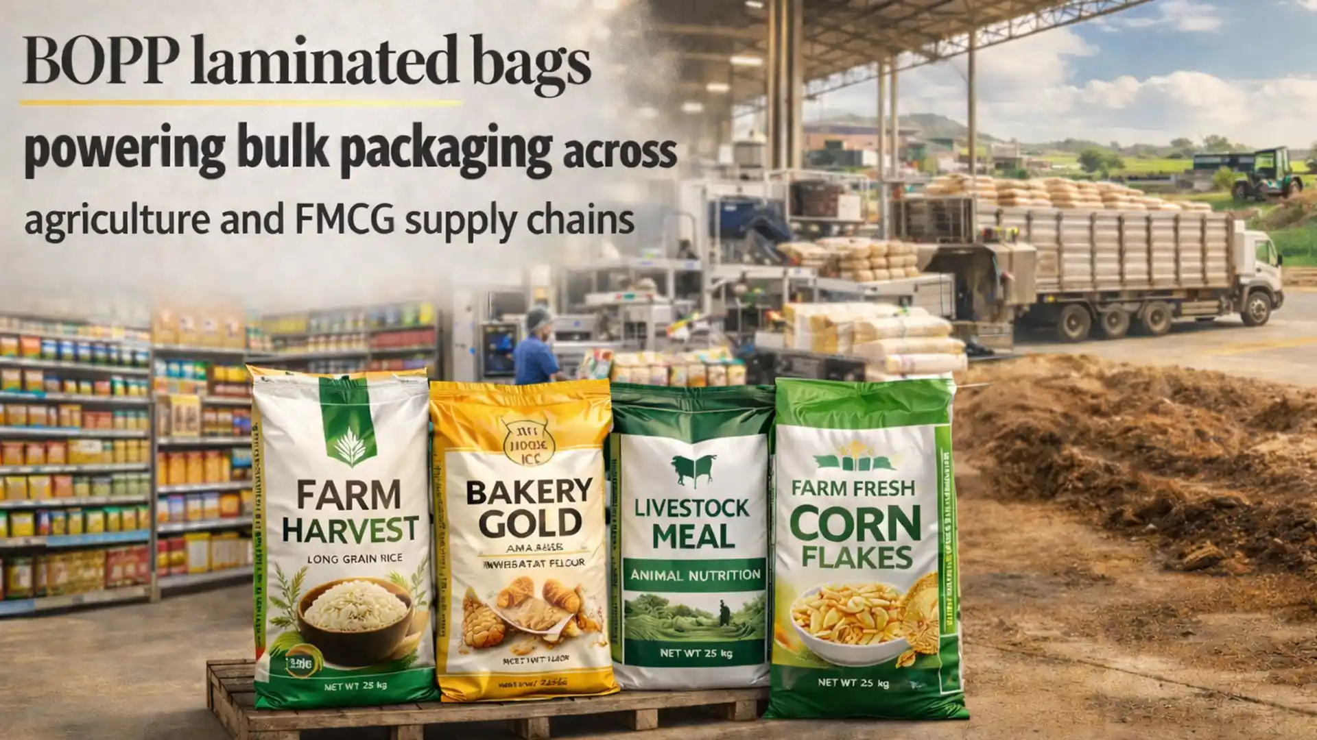 bopp laminated bags used for rice flour livestock feed and corn flakes packaging in warehouse and farm supply chain by best bopp bags brand in India