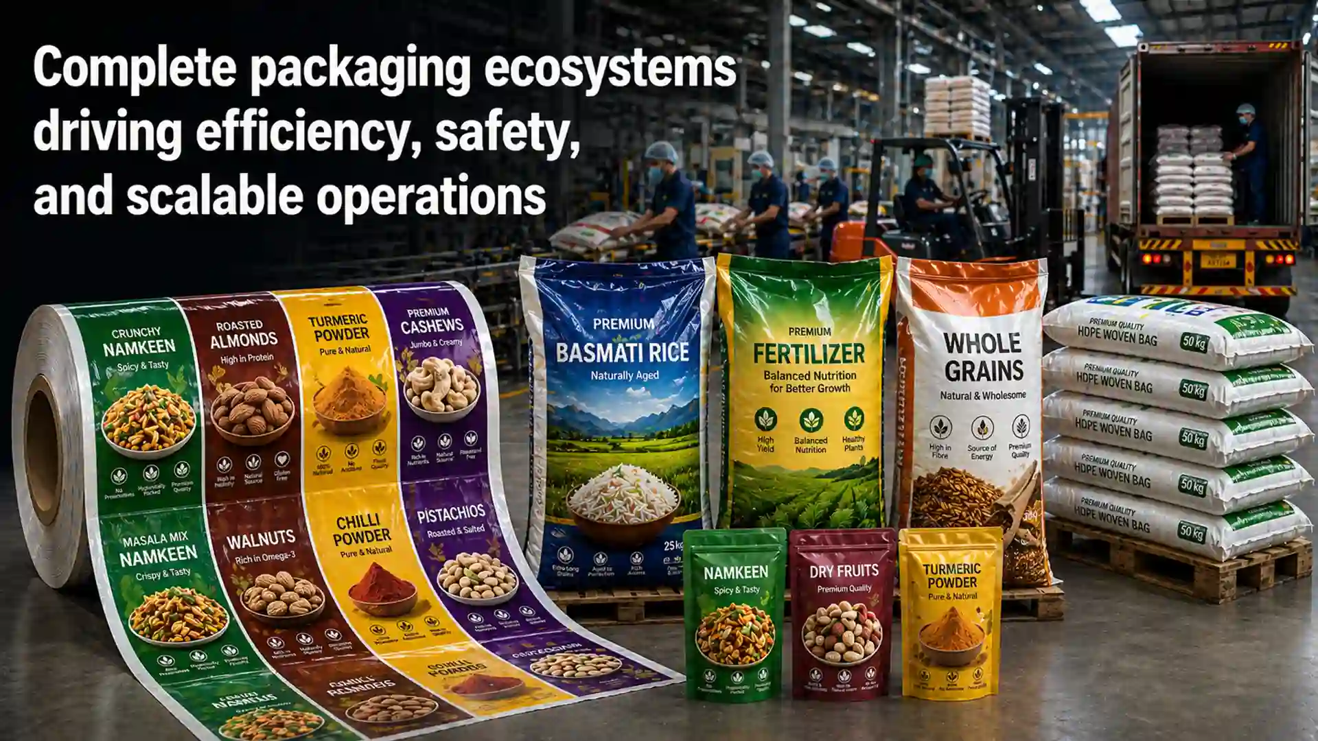 best packaging solution brand in India showcasing flexible packaging bags, laminated rolls, and bulk storage solutions in warehouse