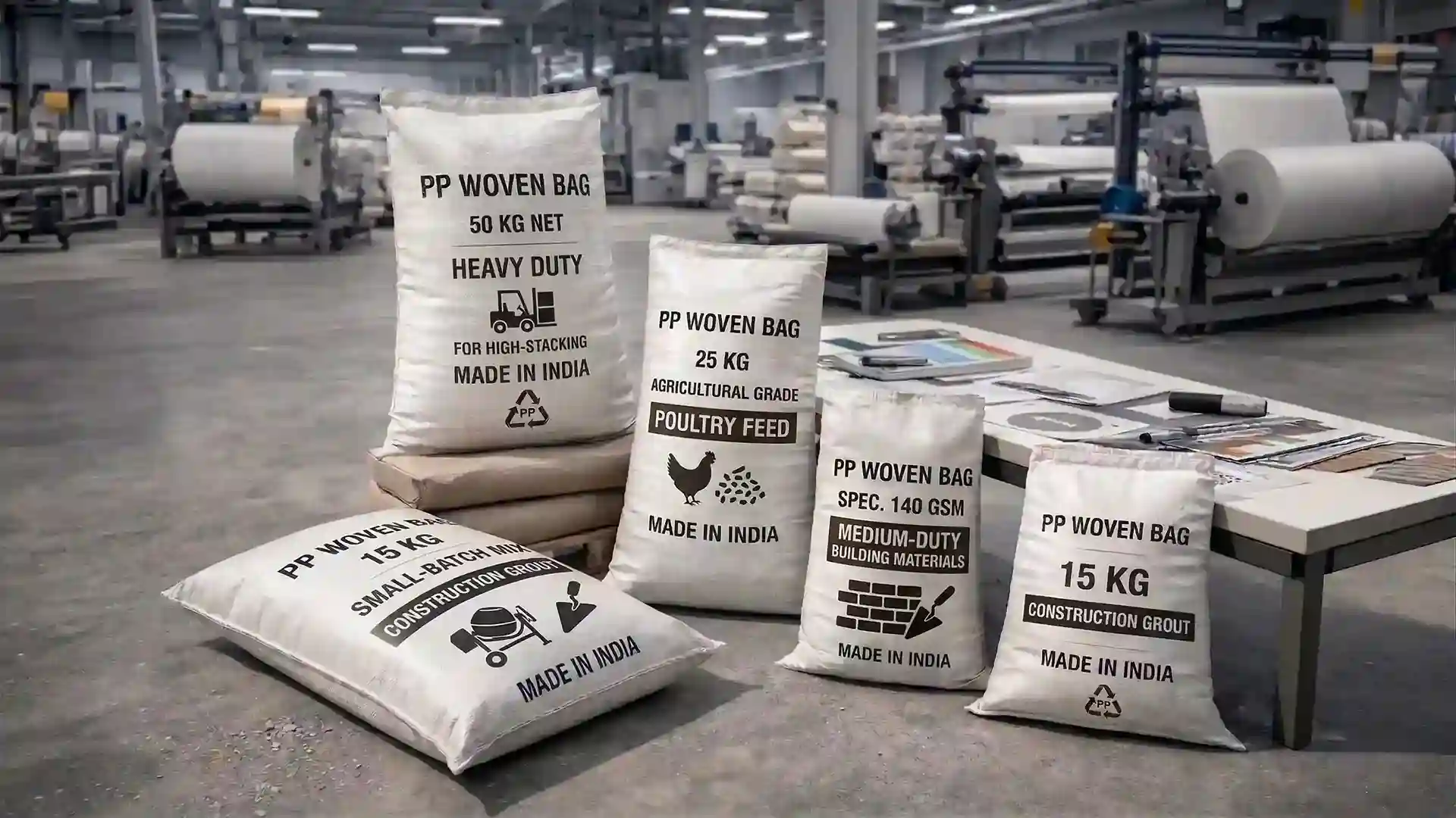 different sizes of pp woven bags displayed in factory with machinery by best packaging manufacturer in India