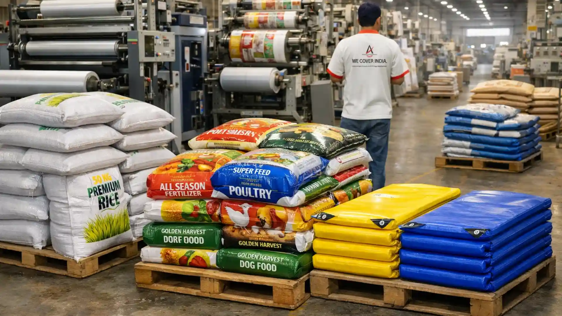 stacked packaging bags for rice fertilizer poultry feed and tarpaulin sheets in manufacturing unit by best packaging bag factory in India